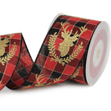 2.5" Red & Black Plaid Christmas Ribbon – Gold Foil Reindeer & Wreath, Wired Edges with Black Trim, 25 Yards | Laribbons Custom