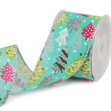 2.5" Teal Christmas Ribbon – Colorful Trees & Snowflakes, Wired Silver Edges, 25 Yards | Laribbons Custom
