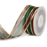 1.5" Christmas Ribbon – Red & Green Sheer with Gold Glitter Stripes, Wired, 25 Yards Roll | Laribbons Custom