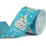 2.5" Blue Christmas Ribbon – Decorated White Trees with Bells & Stars, Wired Silver Edges, 25 Yards | Laribbons Custom