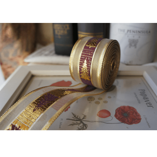 Burgundy & Gold Christmas Tree Ribbon – 1.5" x 10 Yards, Sparkling Gold Embroidered Trees with Mesh Edges | Laribbons Custom - laribbons Custom Shop