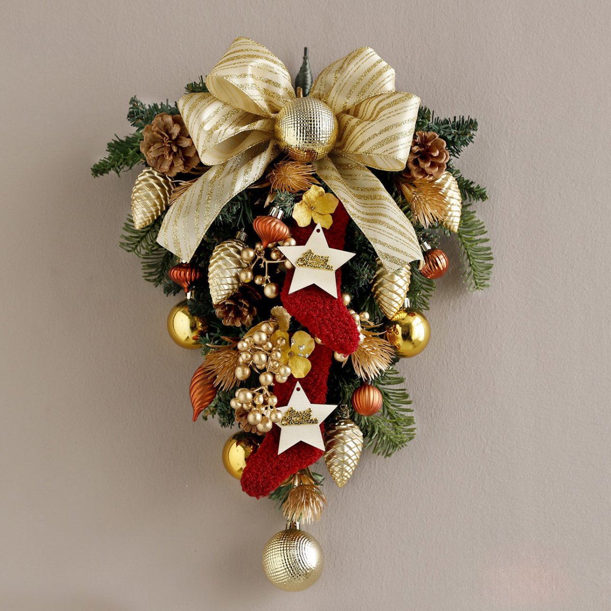 🎄 Handmade Premium Christmas Hanging Ornament – Pine Branch with Gold Bow | 20" | S Size | Laribbons Custom - laribbons Custom Shop