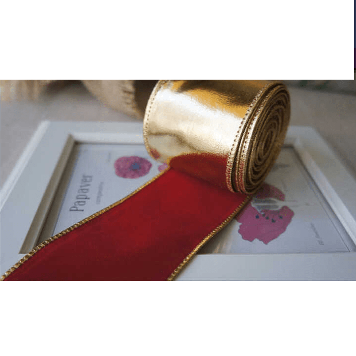 Wired Double - Sided Christmas Ribbon 2.5" x 10 Yards – Gold & Red Velvet with Gold Trim | Laribbons Custom - laribbons Custom Shop