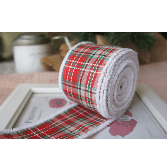 Red & Green Plaid Wired Ribbon 2.5" x 10 Yards – White Fuzzy Edges for Christmas | Laribbons Custom - laribbons Custom Shop