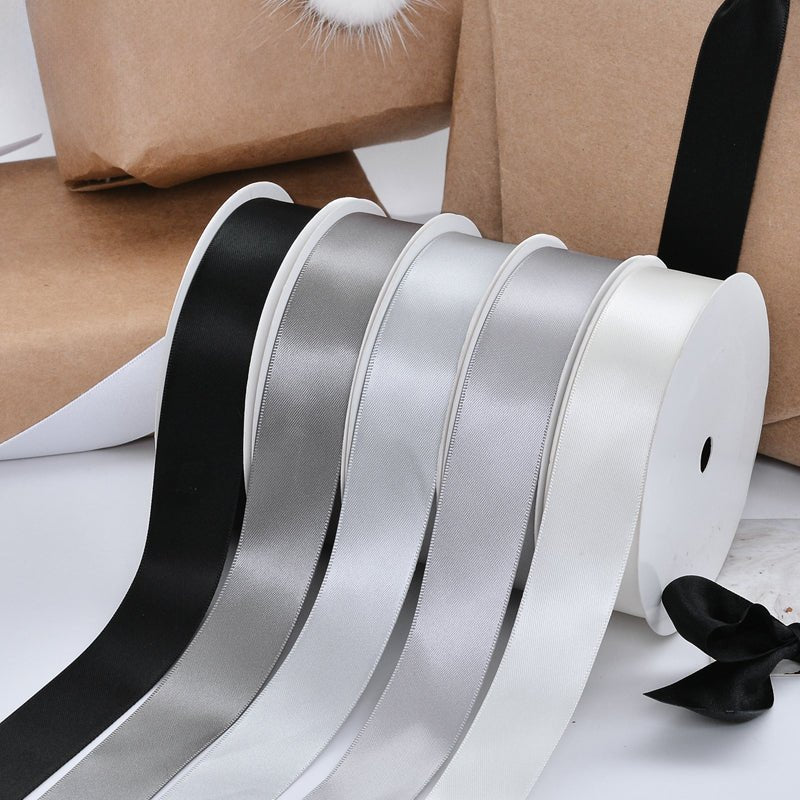 Wholesale Double Faced Satin Ribbon – Black, White & Gray Color Series – 3/8", 5/8", 7/8", 1.5" Wide – 100 Yards Per Roll – Bulk 500 Yards Minimum | Laribbons Custom - laribbons Custom Shop