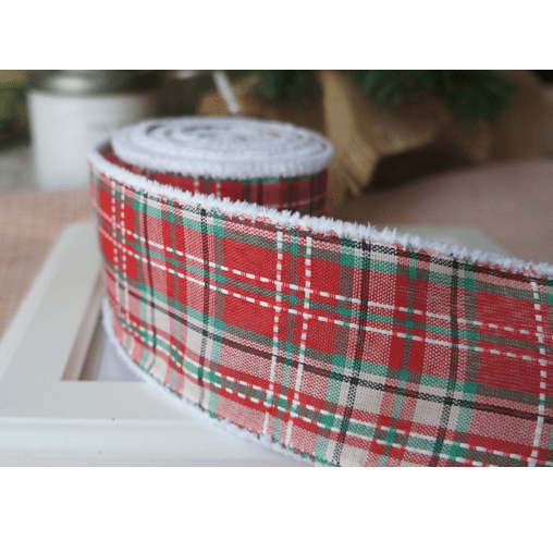 Red & Green Plaid Wired Ribbon 2.5" x 10 Yards – White Fuzzy Edges for Christmas | Laribbons Custom - laribbons Custom Shop