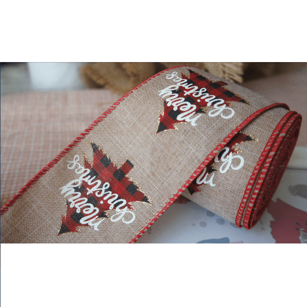Rustic Christmas Ribbon 2.5" x 10 Yards – Burlap Plaid Trees & "Merry Christmas" | Holiday Gift Wrapping | Laribbons Custom - laribbons Custom Shop