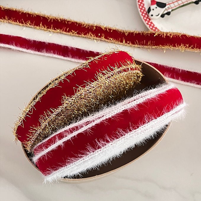 1" Velvet Ribbon | White Fuzzy Edge or Gold Glitter Edge | 25 Yard Roll | Gift Wrapping & Holiday Crafts | Laribbons Custom - laribbons Custom Shop