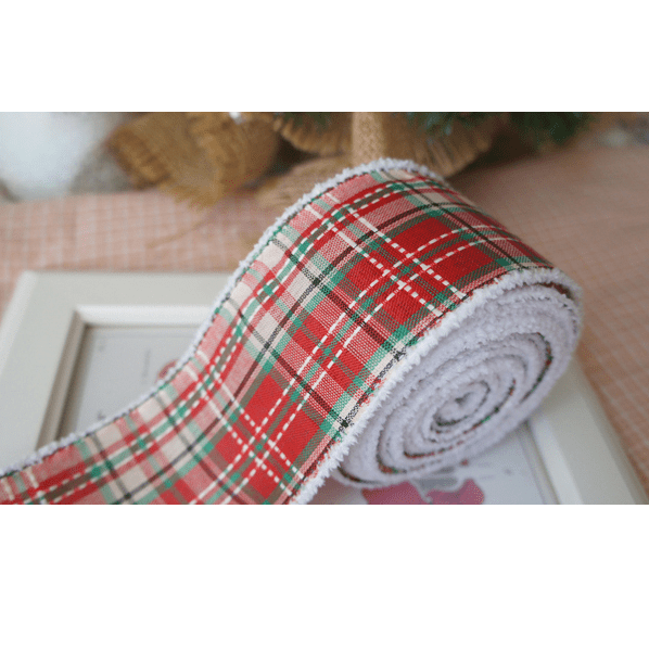 Red & Green Plaid Wired Ribbon 2.5" x 10 Yards – White Fuzzy Edges for Christmas | Laribbons Custom - laribbons Custom Shop