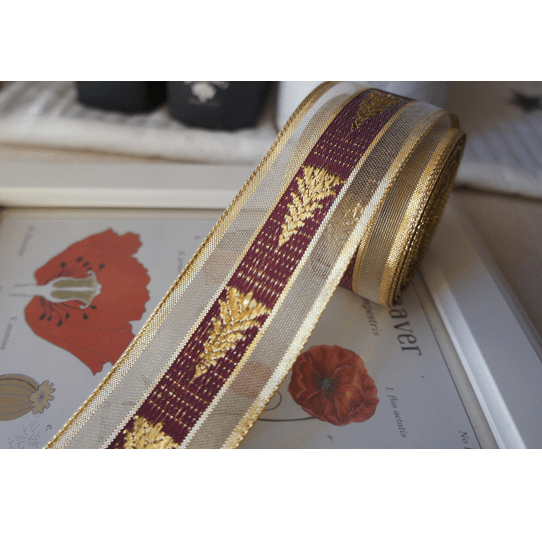 Burgundy & Gold Christmas Tree Ribbon – 1.5" x 10 Yards, Sparkling Gold Embroidered Trees with Mesh Edges | Laribbons Custom - laribbons Custom Shop