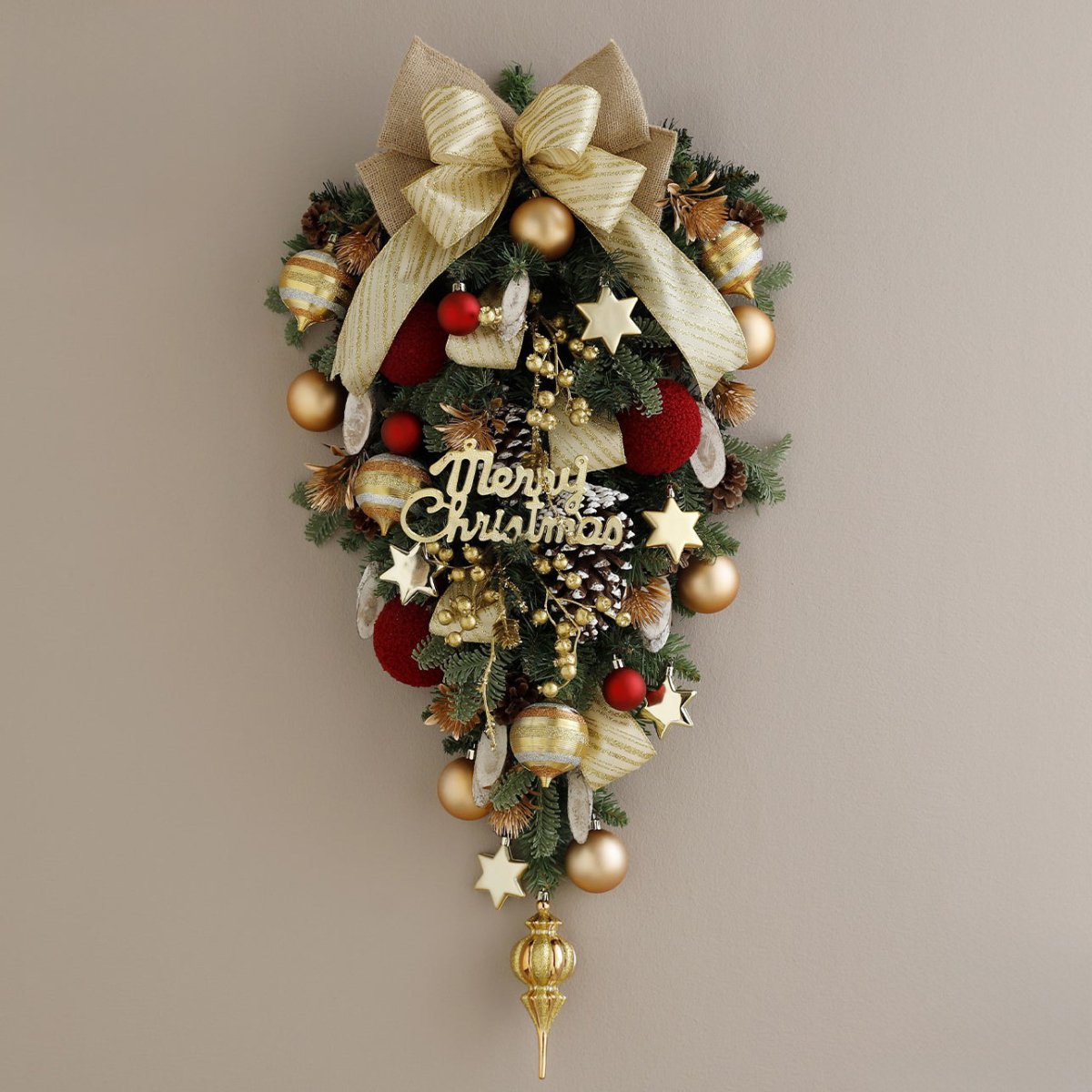🎄 Handmade Premium Christmas Hanging Ornament – Pine Branch with Gold Bow & Festive Accents | L Size | Laribbons Custom - laribbons Custom Shop