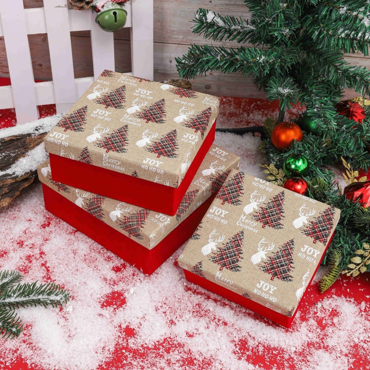 🎄 Christmas Gift Box – Red Velvet & Burlap Lid | Christmas Tree, Reindeer & “Merry Christmas, JOY HO HO HO” | Perfect Holiday Gift | 3 Sizes | Laribbons Custom - laribbons Custom Shop