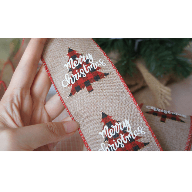 Rustic Christmas Ribbon 2.5" x 10 Yards – Burlap Plaid Trees & "Merry Christmas" | Holiday Gift Wrapping | Laribbons Custom - laribbons Custom Shop