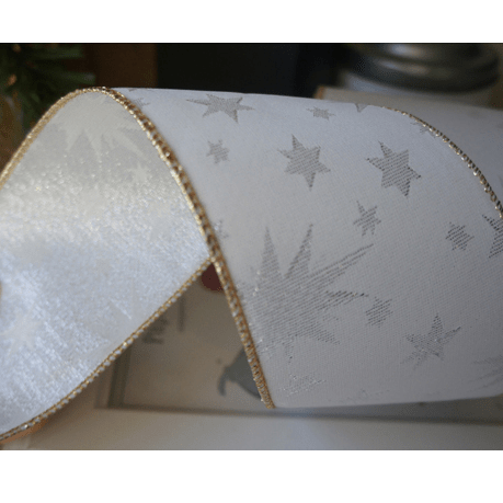 Ivory Ribbon with Silver Glitter Stars – 3" | 10 Yards, Gold - Edged Wired Ribbon for Christmas Gift Wrapping & Décor | Laribbons Custom - laribbons Custom Shop