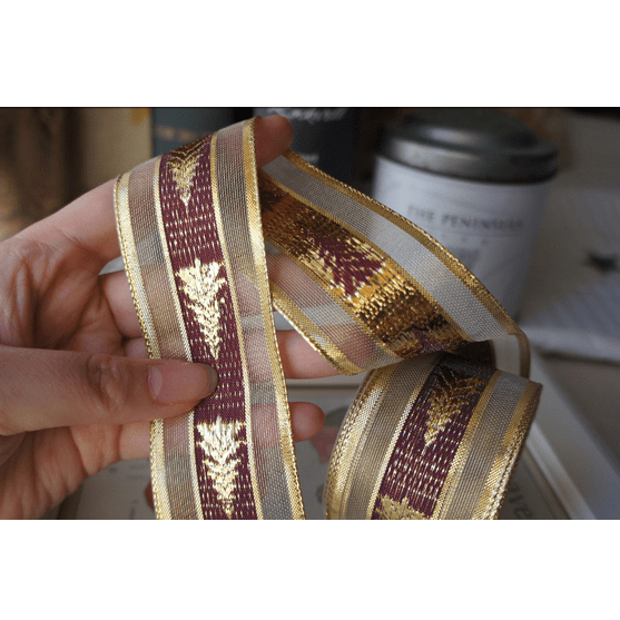 Burgundy & Gold Christmas Tree Ribbon – 1.5" x 10 Yards, Sparkling Gold Embroidered Trees with Mesh Edges | Laribbons Custom - laribbons Custom Shop