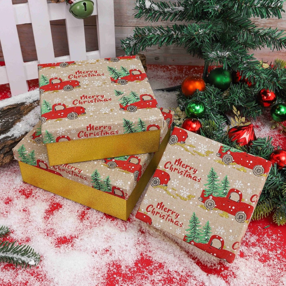🎄 Christmas Gift Box – Glitter Gold Base & Burlap Lid | Red Car, Christmas Tree & “Merry Christmas” | Perfect Holiday Gift | 3 Sizes| Laribbons Custom - laribbons Custom Shop