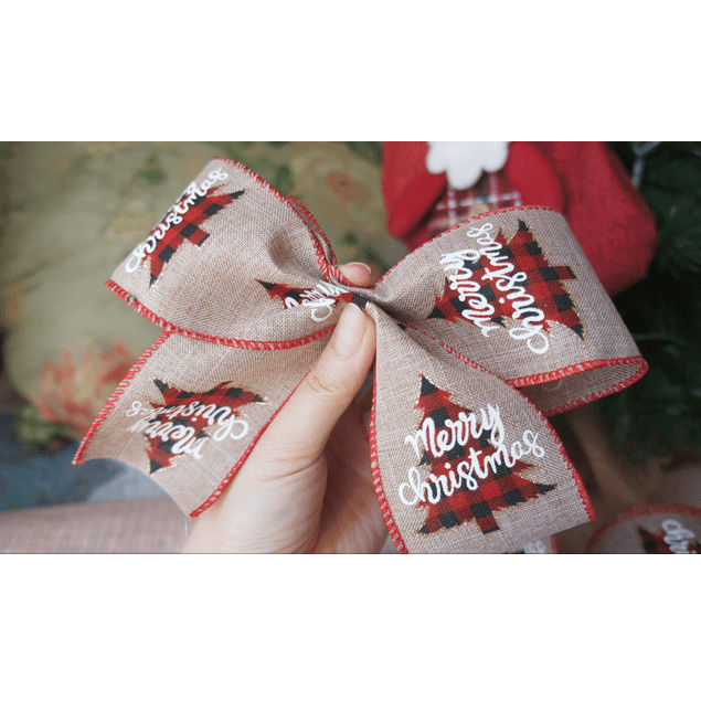 Rustic Christmas Ribbon 2.5" x 10 Yards – Burlap Plaid Trees & "Merry Christmas" | Holiday Gift Wrapping | Laribbons Custom - laribbons Custom Shop