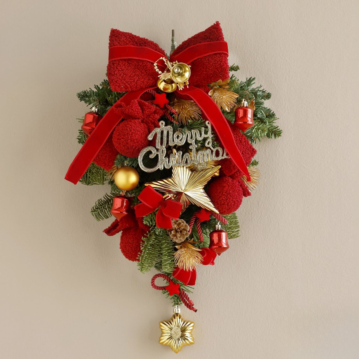 🎄 Handmade Premium Christmas Hanging Ornament – Pine Branch with Red Bow & Festive Accents | S Size | Laribbons Custom - laribbons Custom Shop