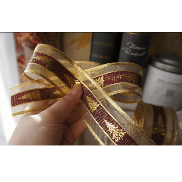 Burgundy & Gold Christmas Tree Ribbon – 1.5" x 10 Yards, Sparkling Gold Embroidered Trees with Mesh Edges | Laribbons Custom - laribbons Custom Shop