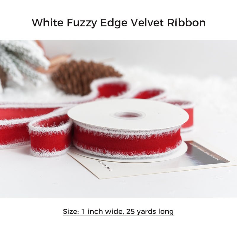 1" Velvet Ribbon | White Fuzzy Edge or Gold Glitter Edge | 25 Yard Roll | Gift Wrapping & Holiday Crafts | Laribbons Custom - laribbons Custom Shop