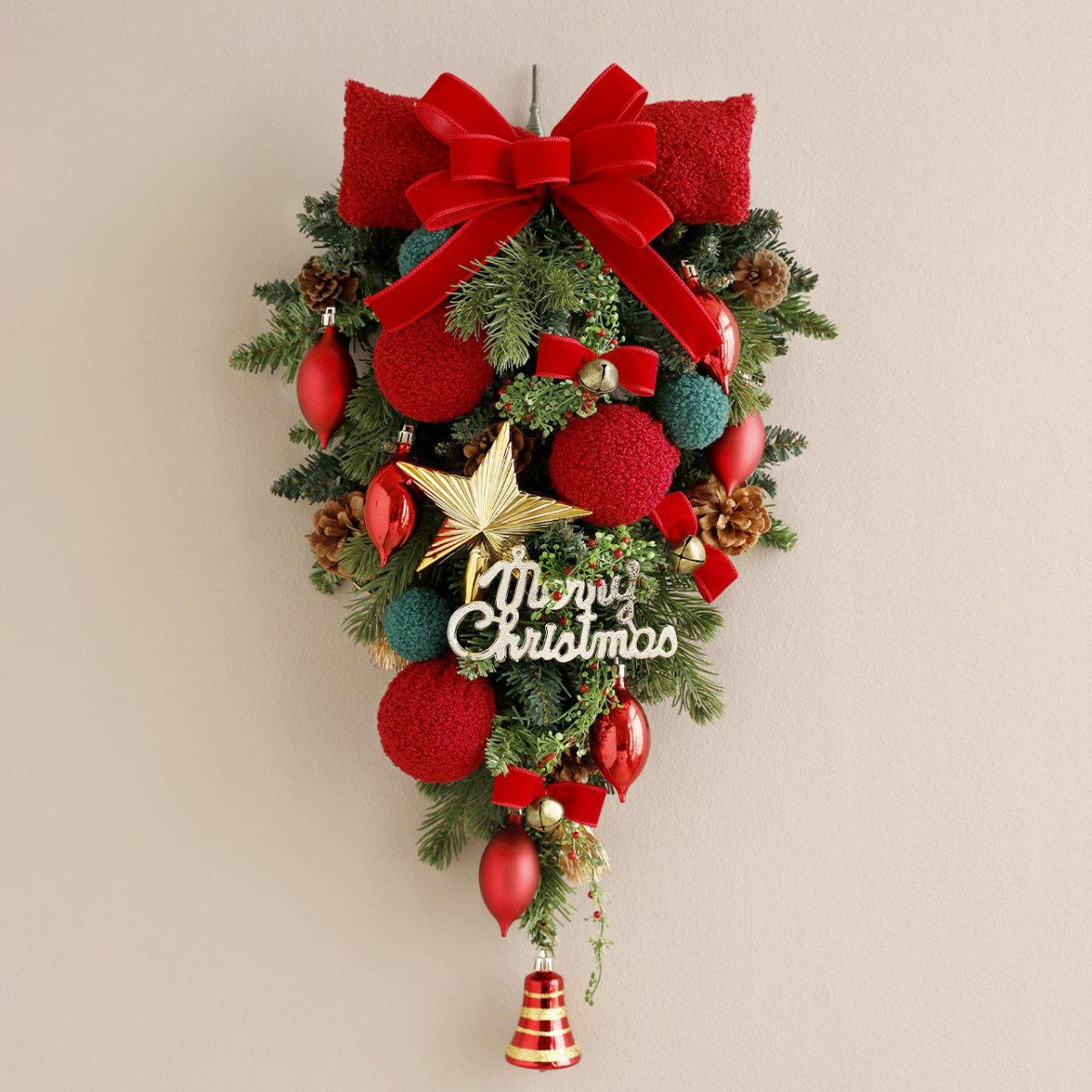 🎄 Handmade Premium Christmas Hanging Ornament – Pine Branch with Red Bow & Festive Accents | M Size | Laribbons Custom - laribbons Custom Shop