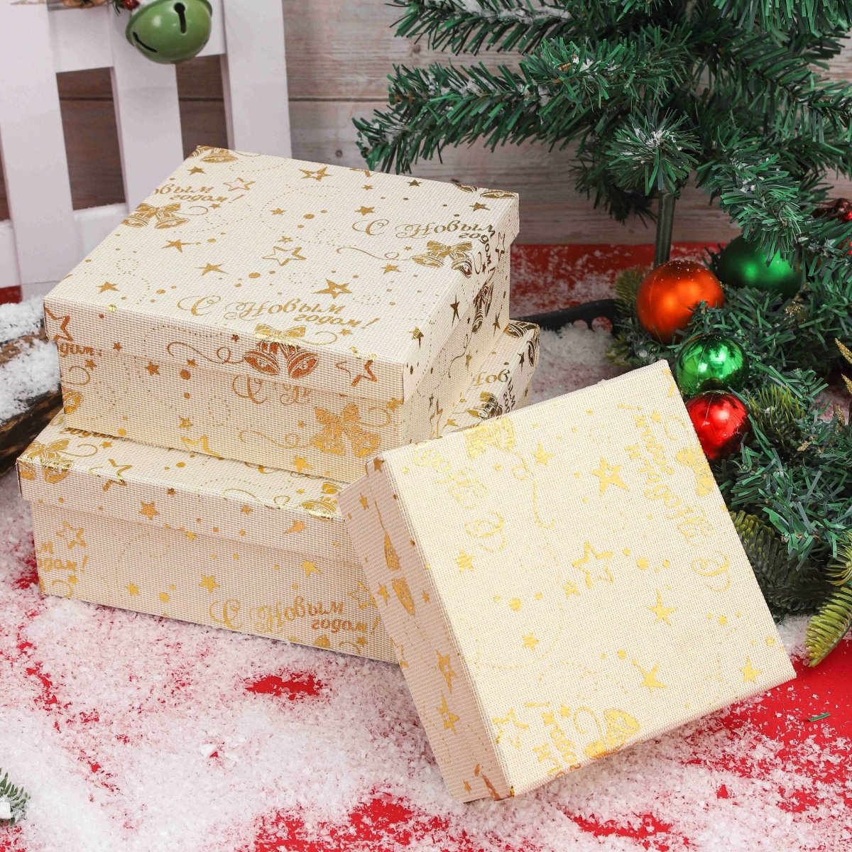 🎄 Christmas Gift Box – Ivory Base & Lid with Glitter | Bells & Stars | Perfect Holiday Gift | 3 Sizes | Laribbons Custom - laribbons Custom Shop