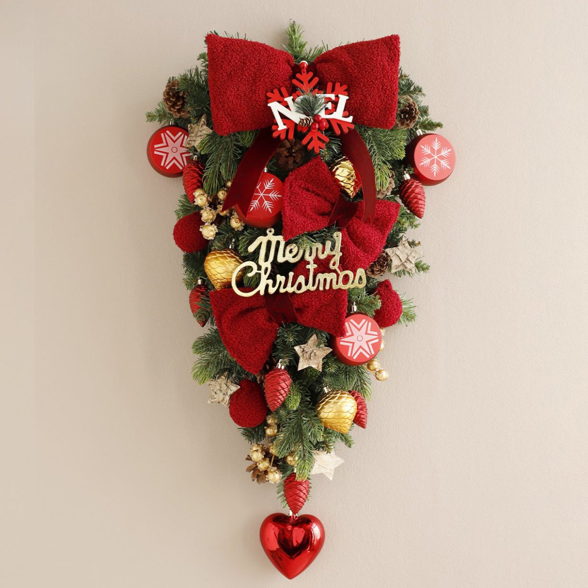🎄 Handmade Premium Christmas Hanging Ornament – Pine Branch with Red Bow & Festive Accents | L Size | Laribbons Custom - laribbons Custom Shop