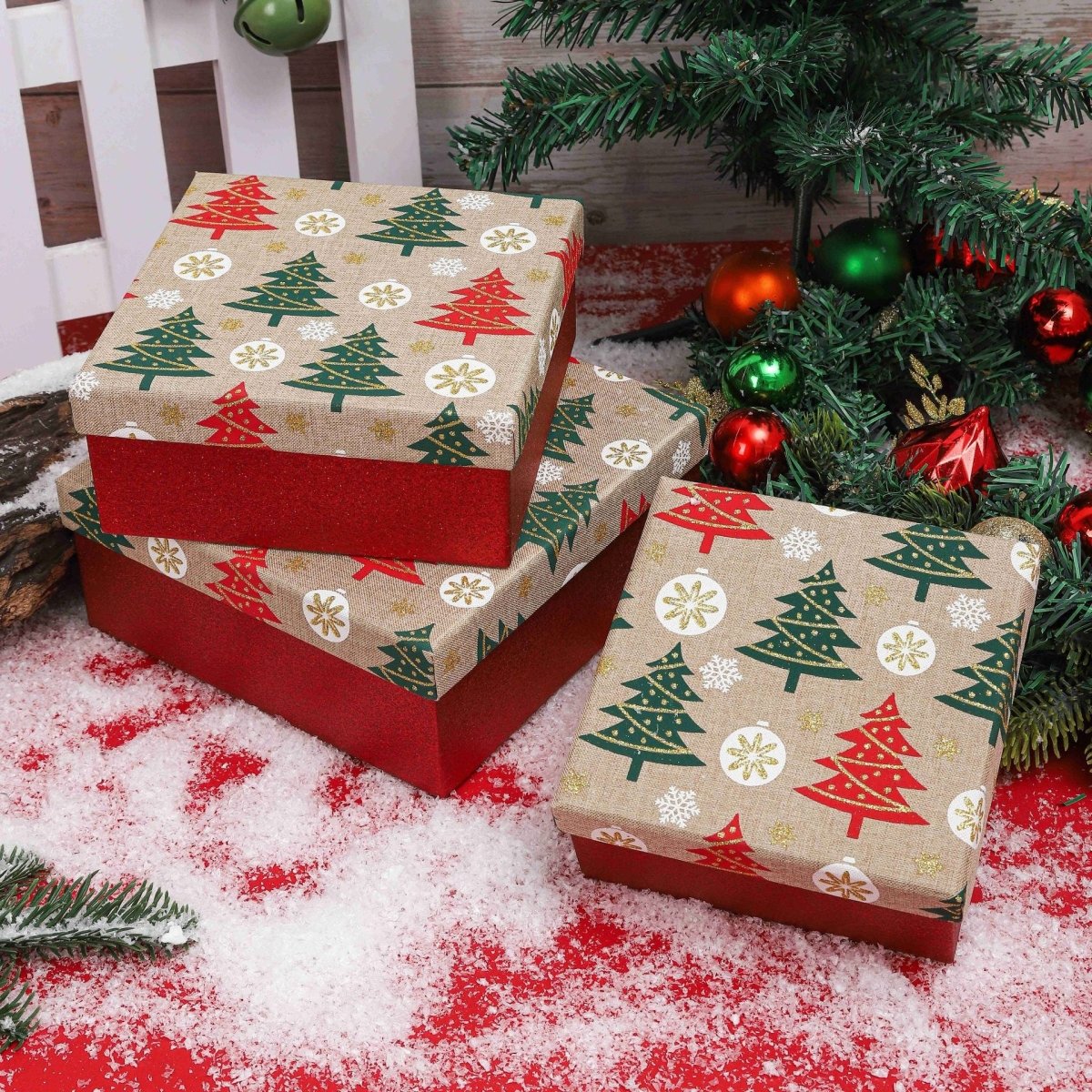 🎄 Christmas Gift Box – Red Glitter Base & Lid | Christmas Tree & Snowflakes | Perfect Holiday Gift | 3 Sizes| Laribbons Custom - laribbons Custom Shop