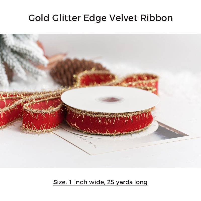 1" Velvet Ribbon | White Fuzzy Edge or Gold Glitter Edge | 25 Yard Roll | Gift Wrapping & Holiday Crafts | Laribbons Custom - laribbons Custom Shop