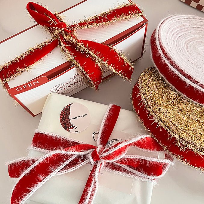 1" Velvet Ribbon | White Fuzzy Edge or Gold Glitter Edge | 25 Yard Roll | Gift Wrapping & Holiday Crafts | Laribbons Custom - laribbons Custom Shop