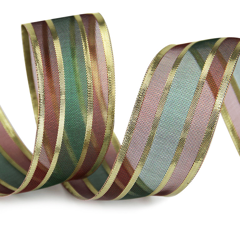 1.5" Christmas Ribbon – Red & Green Sheer with Gold Glitter Stripes, Wired, 25 Yards Roll | Laribbons Custom - laribbons Custom Shop