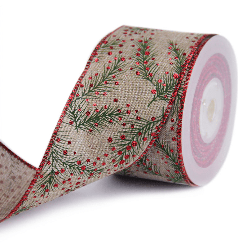 2.5" Rustic Burlap Christmas Ribbon – Green Pine Sprigs with Red Glitter, Wired Edges, 25 Yards | Laribbons Custom - laribbons Custom Shop