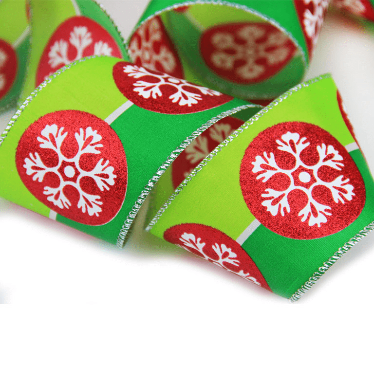 2.5" Green Christmas Ribbon – Red Glitter Dots with White Snowflakes, Wired Silver Edges, 25 Yards | Laribbons Custom - laribbons Custom Shop