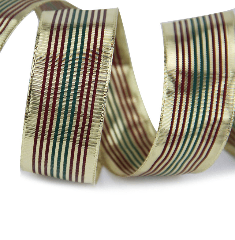 1.5" Christmas Ribbon – Gold with Green & Burgundy Stripes, Wired, 25 Yards Roll | Laribbons Custom - laribbons Custom Shop