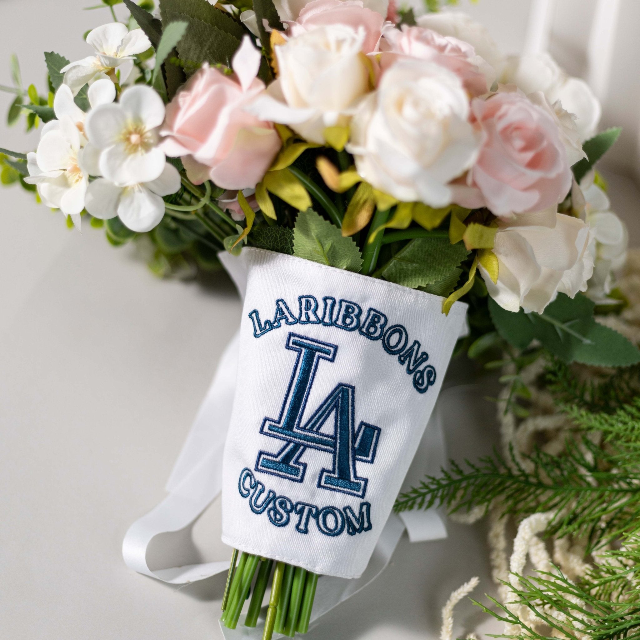 Custom Embroidered Bouquet Wrap | with Single Letter Vine Monogram | LaRibbons - laribbons Custom Shop