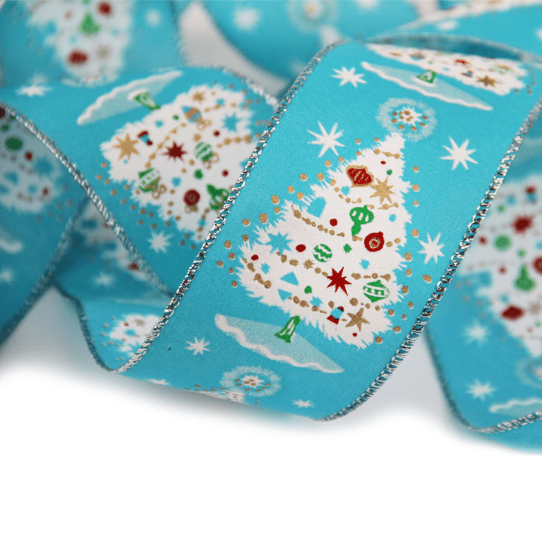 2.5" Blue Christmas Ribbon – Decorated White Trees with Bells & Stars, Wired Silver Edges, 25 Yards | Laribbons Custom - laribbons Custom Shop