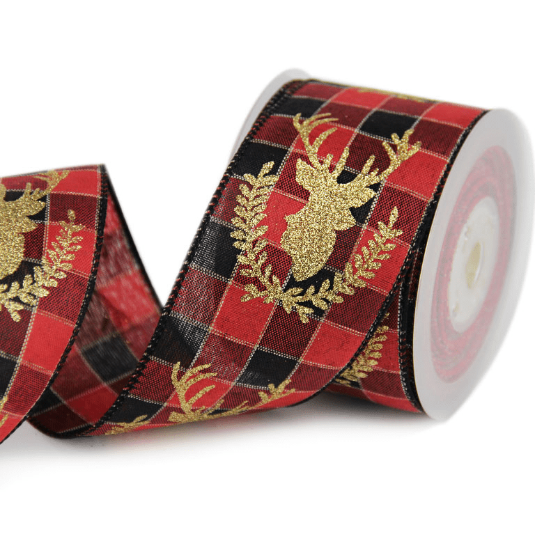 2.5" Red & Black Plaid Christmas Ribbon – Gold Foil Reindeer & Wreath, Wired Edges with Black Trim, 25 Yards | Laribbons Custom - laribbons Custom Shop