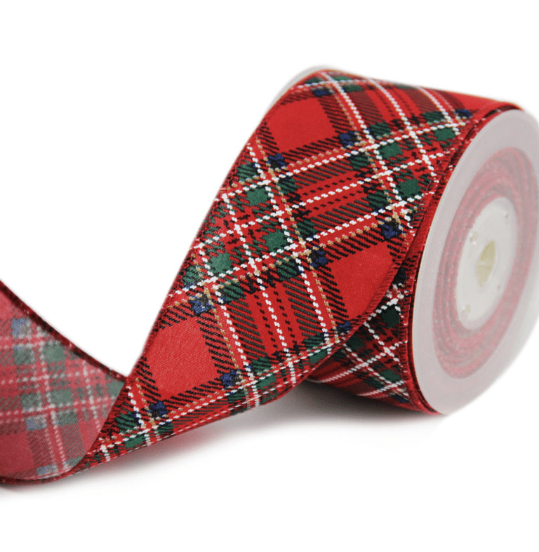 2.5" Red Plaid Christmas Ribbon – Embroidered Green & White Accents, Wired Edges, 25 Yards | Laribbons Custom - laribbons Custom Shop