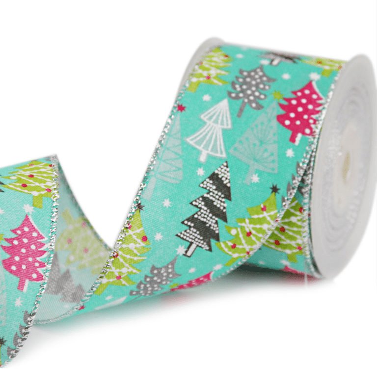 2.5" Teal Christmas Ribbon – Colorful Trees & Snowflakes, Wired Silver Edges, 25 Yards | Laribbons Custom - laribbons Custom Shop