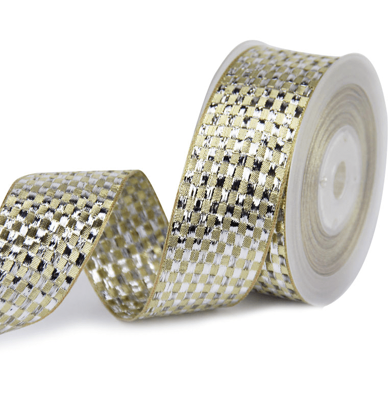 1.5" Gold & Silver Metallic Plaid Christmas Ribbon – 25 Yards Roll | Laribbons Custom - laribbons Custom Shop