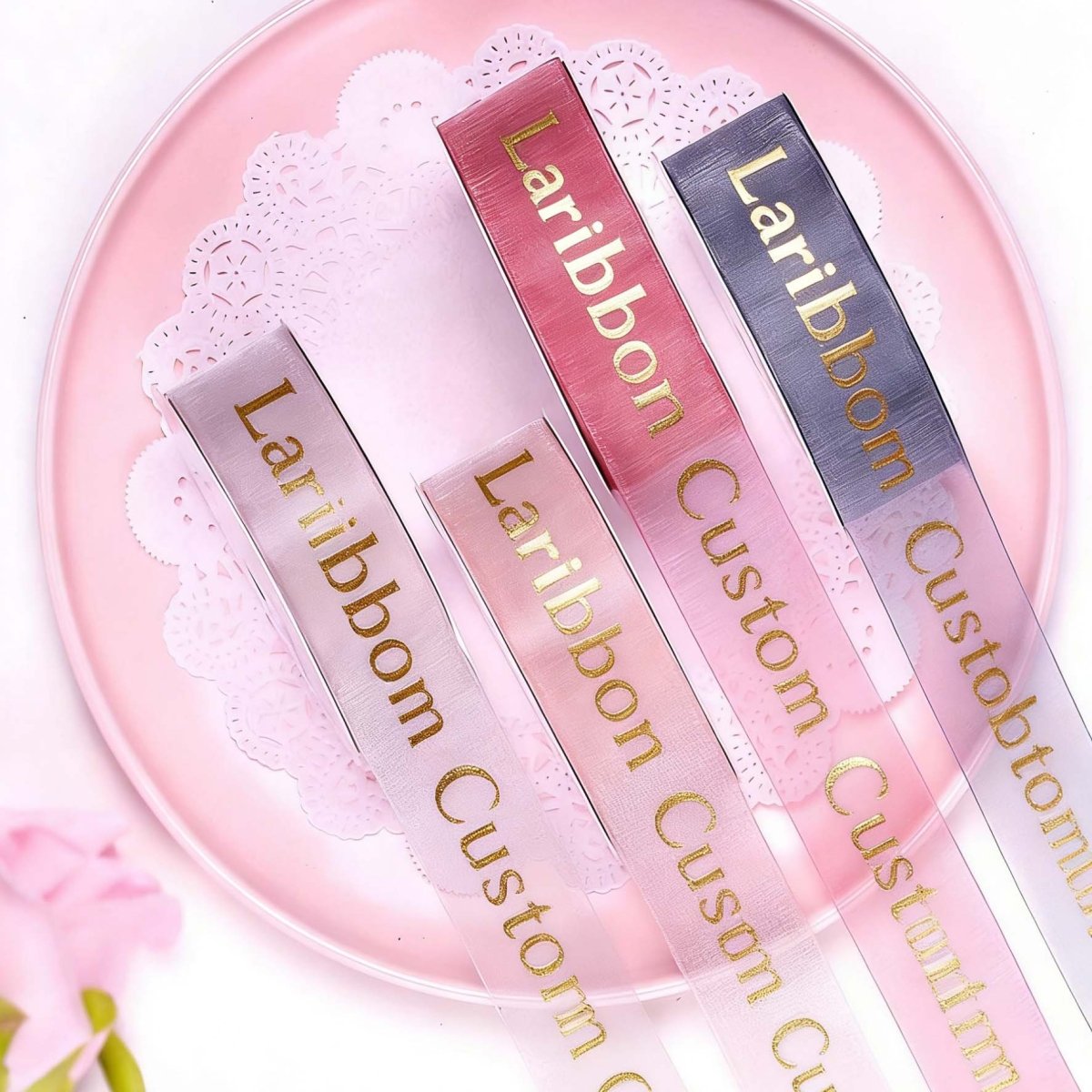 Custom Organza Ribbon with Hot Stamping Gold –Valentine's Day Wedding | 5/8" • 1" • 1.5" Widths | Laribbons Custom - laribbons Custom Shop