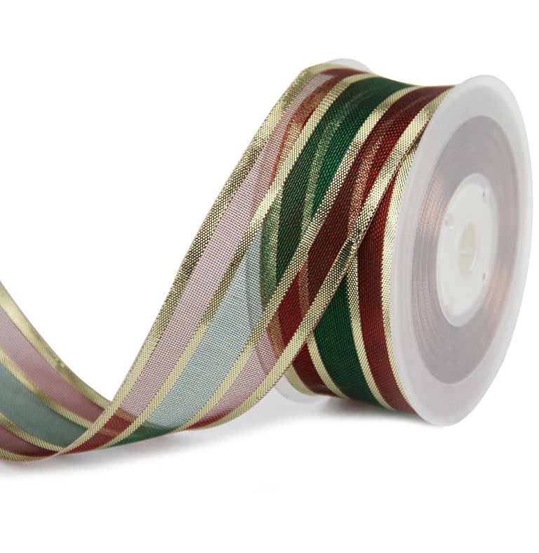 1.5" Christmas Ribbon – Red & Green Sheer with Gold Glitter Stripes, Wired, 25 Yards Roll | Laribbons Custom - laribbons Custom Shop