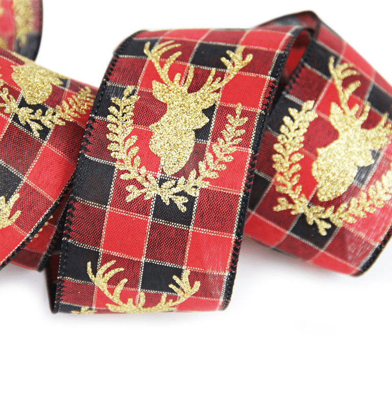 2.5" Red & Black Plaid Christmas Ribbon – Gold Foil Reindeer & Wreath, Wired Edges with Black Trim, 25 Yards | Laribbons Custom - laribbons Custom Shop