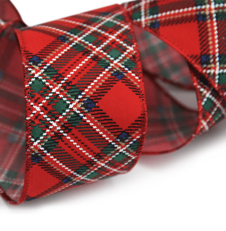 2.5" Red Plaid Christmas Ribbon – Embroidered Green & White Accents, Wired Edges, 25 Yards | Laribbons Custom - laribbons Custom Shop