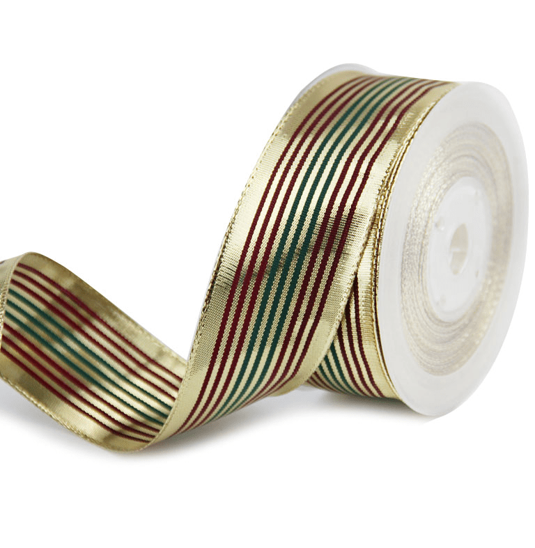 1.5" Christmas Ribbon – Gold with Green & Burgundy Stripes, Wired, 25 Yards Roll | Laribbons Custom - laribbons Custom Shop