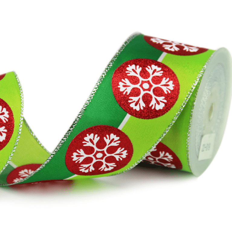 2.5" Green Christmas Ribbon – Red Glitter Dots with White Snowflakes, Wired Silver Edges, 25 Yards | Laribbons Custom - laribbons Custom Shop