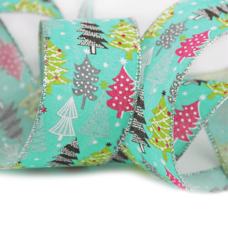 2.5" Teal Christmas Ribbon – Colorful Trees & Snowflakes, Wired Silver Edges, 25 Yards | Laribbons Custom - laribbons Custom Shop