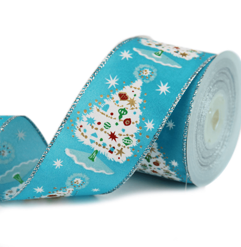 2.5" Blue Christmas Ribbon – Decorated White Trees with Bells & Stars, Wired Silver Edges, 25 Yards | Laribbons Custom - laribbons Custom Shop