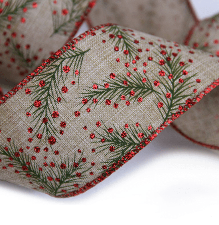2.5" Rustic Burlap Christmas Ribbon – Green Pine Sprigs with Red Glitter, Wired Edges, 25 Yards | Laribbons Custom - laribbons Custom Shop