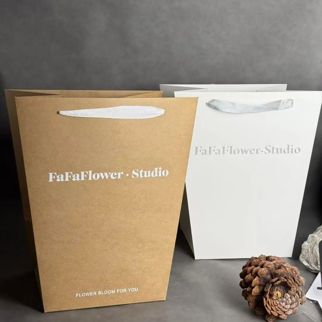 Custom Floral Kraft Paper Tote Bags with White Foil Logo – 2 Sizes – MOQ 200 | Laribbons Custom - laribbons Custom Shop